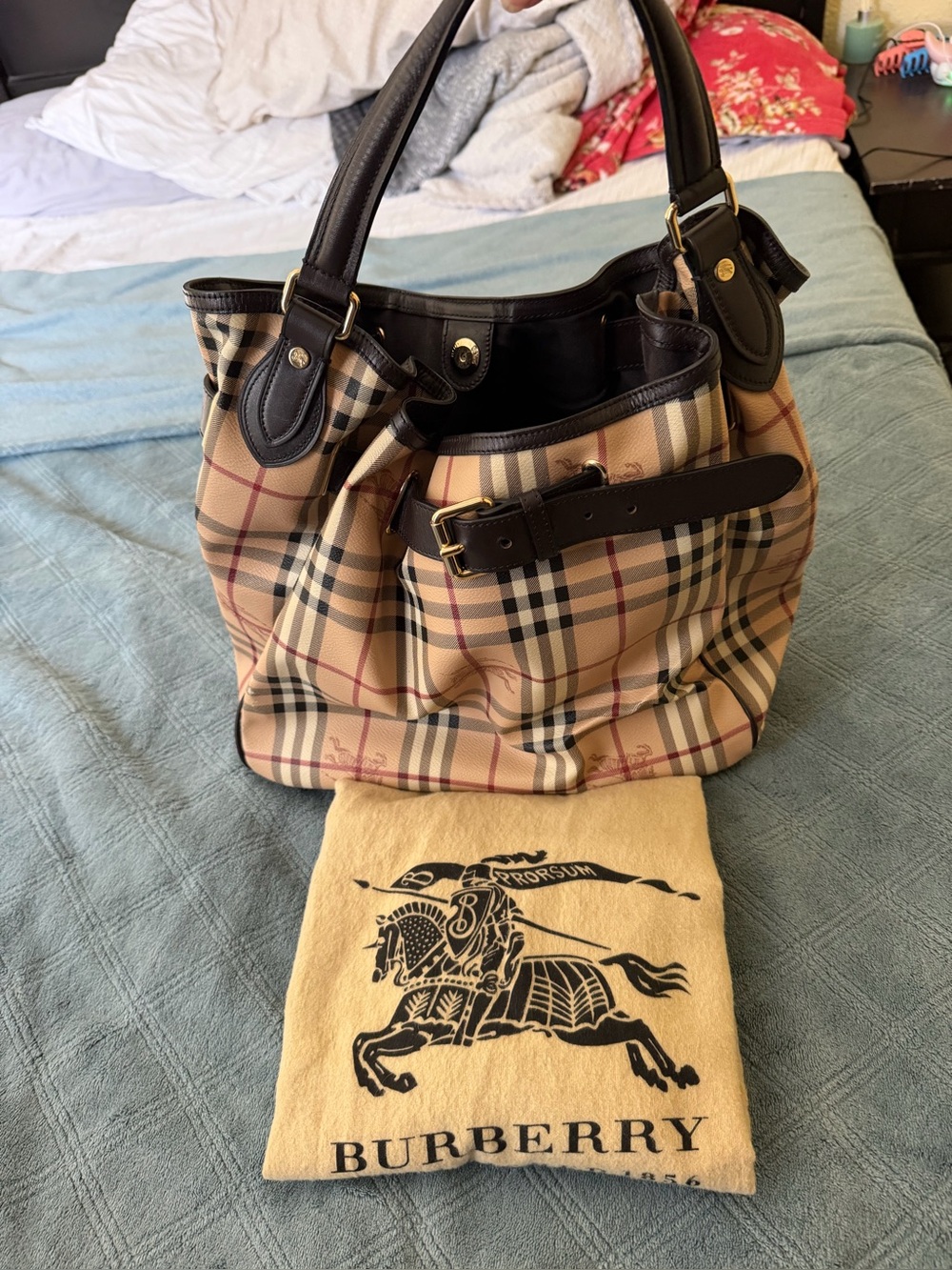 Burberry Beige Tan Plaid Leather-Trim Shoulder Tote